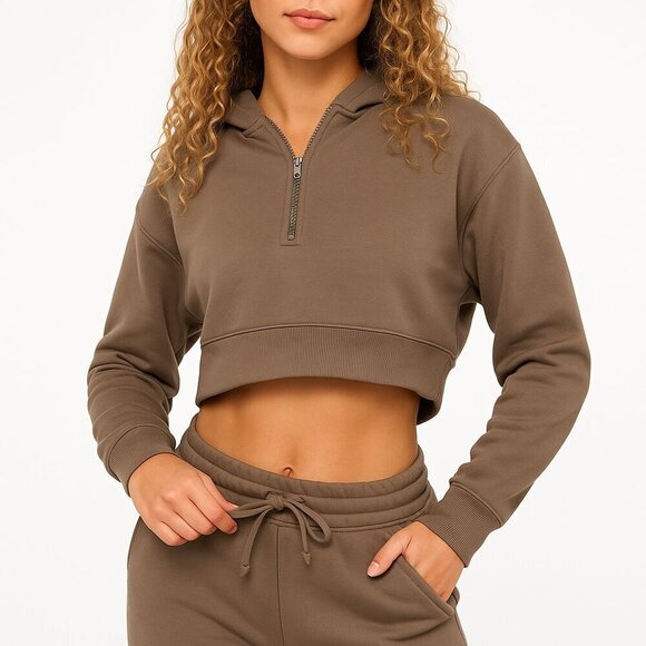 WeWoreWhat Tops - Weworewhat NWT Tan Cropped Half Zip Hoodie 100% Cotton Size Large